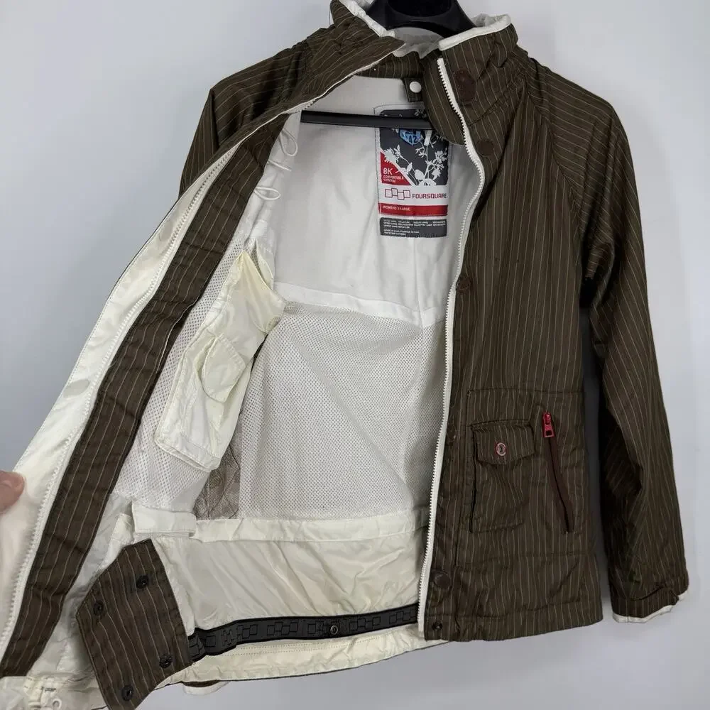 Foursquare Women XL Ski Coat Jacket Striped Brown 8K Convertible Hood Snowboard